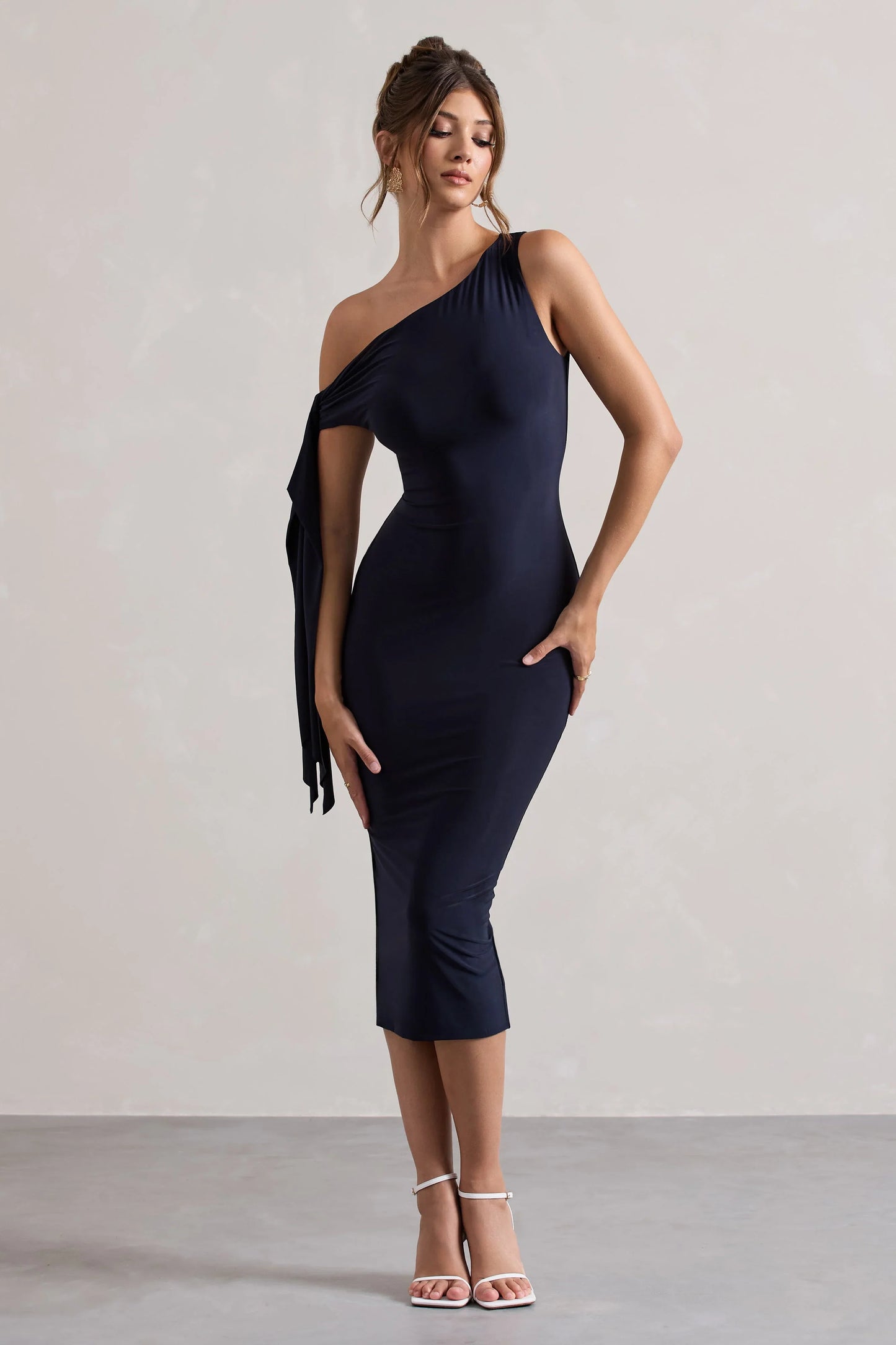 Adapt Navy Asymmetric Midi Dress With Tie Sleeve