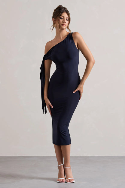 Adapt Navy Asymmetric Midi Dress With Tie Sleeve
