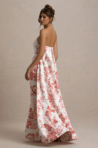 Lywenn Pink Porcelain Print Bandeau Maxi Dress With Cape