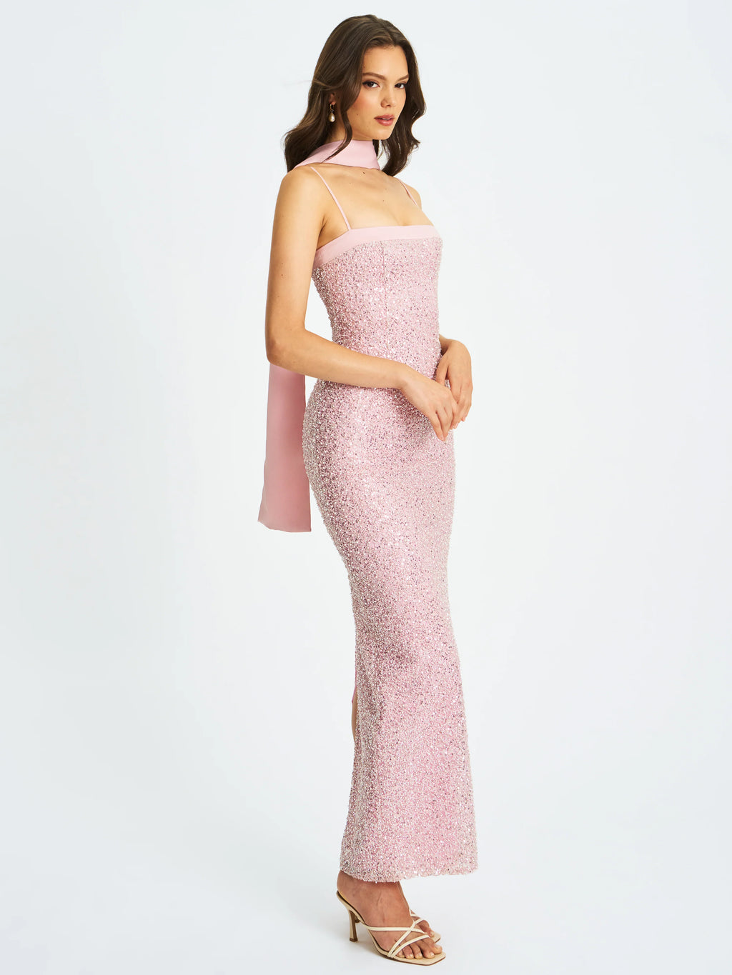 Raizel Pink Beaded Sequin Bodycon Gown with Scarf