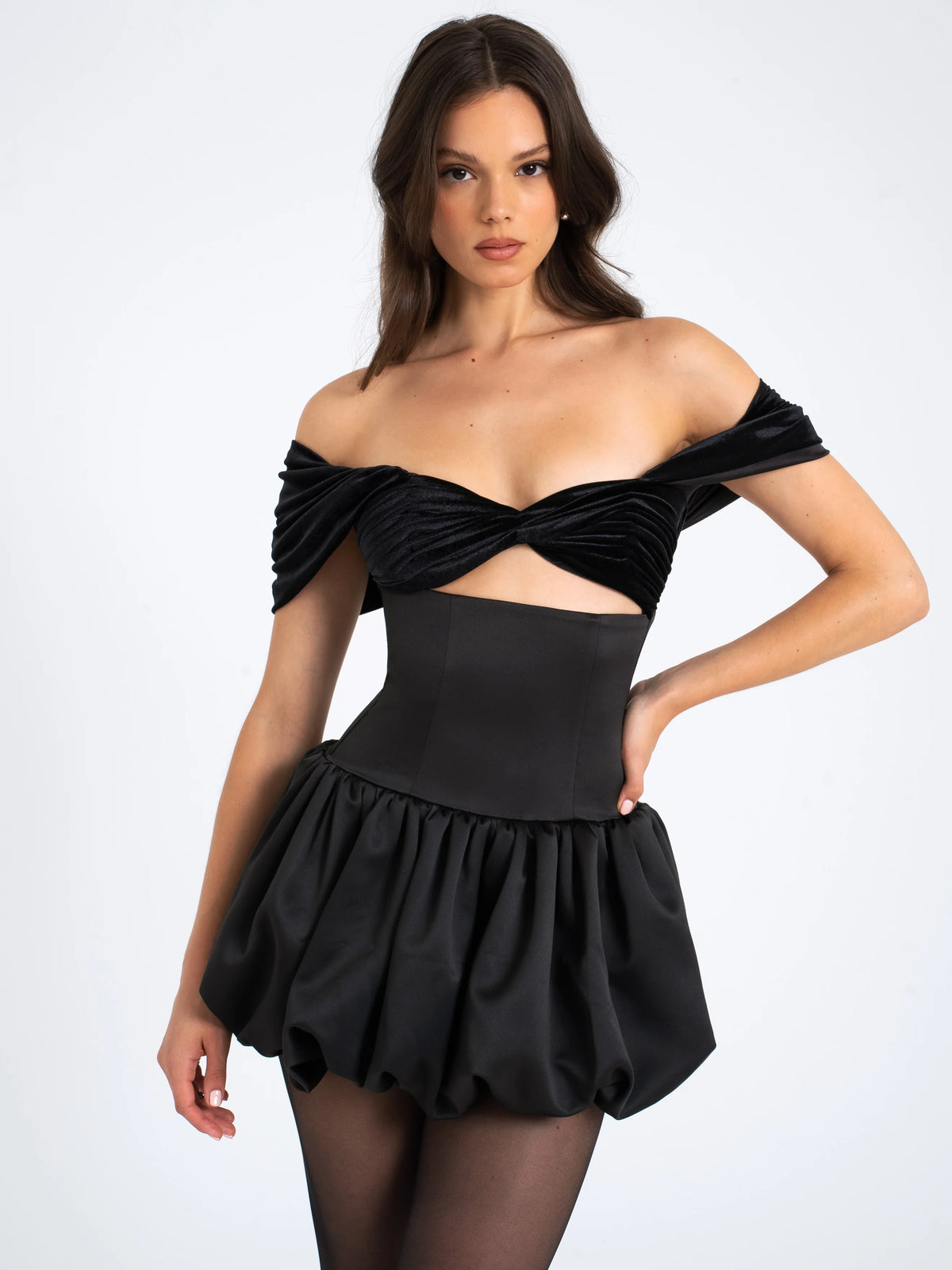 Gabby Black Velvet Top Bubble Hem Mini Dress Archive Sale