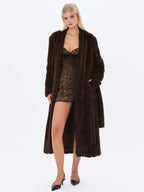 Celine Espresso Faux Mink Belted Longline Coat