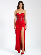 Kadesha Red Crystal High Slit Satin Corset Gown