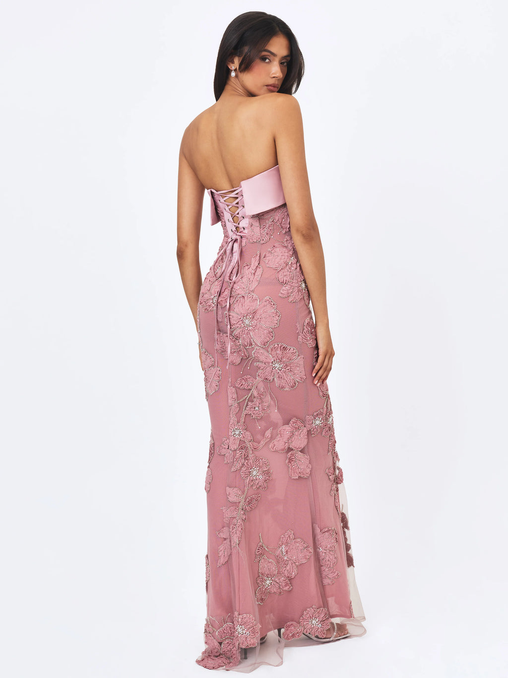 Raphaela Dusty Pink Beaded Floral Strapless Mermaid Maxi Dress