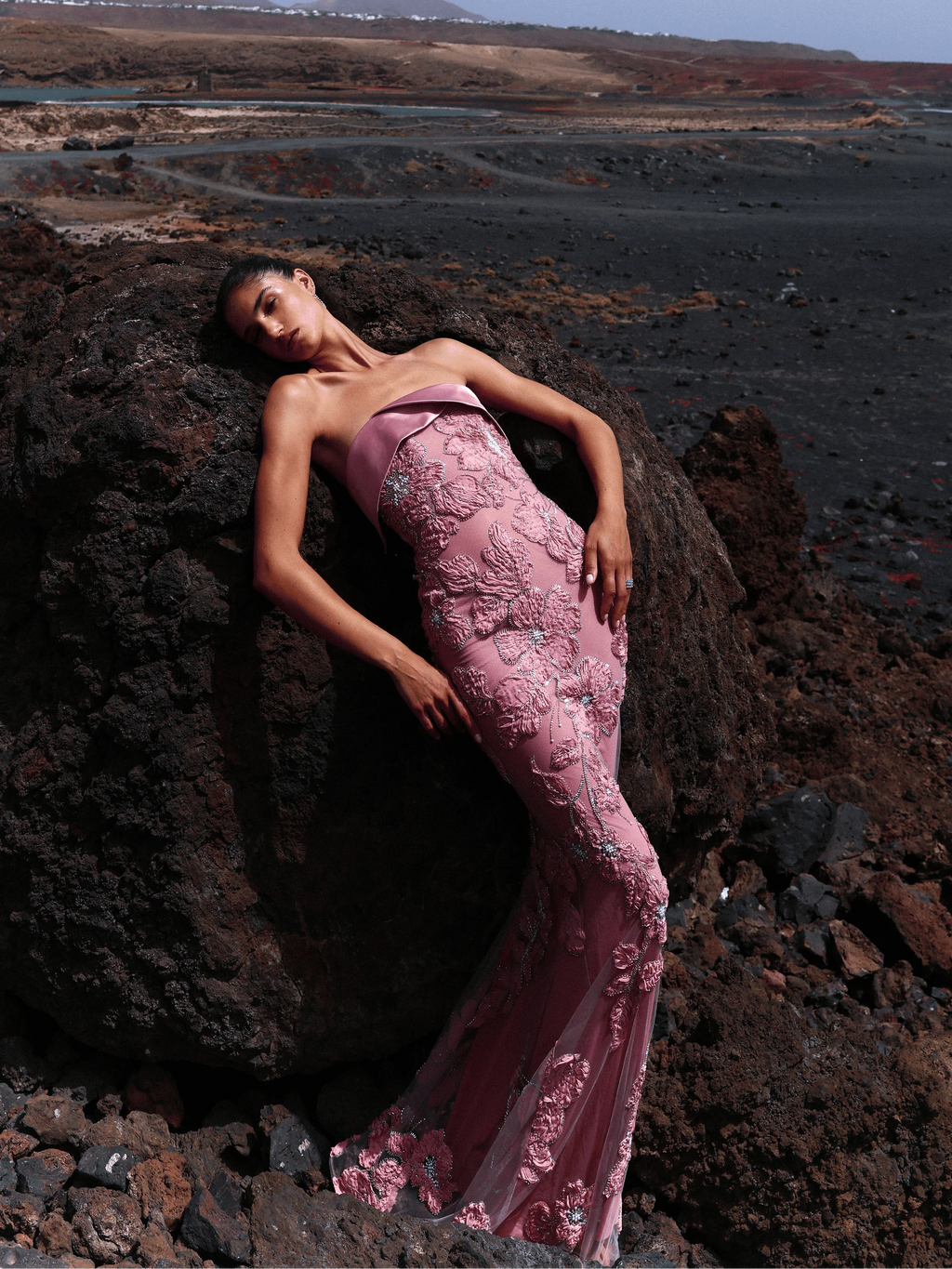 Raphaela Dusty Pink Beaded Floral Strapless Mermaid Maxi Dress