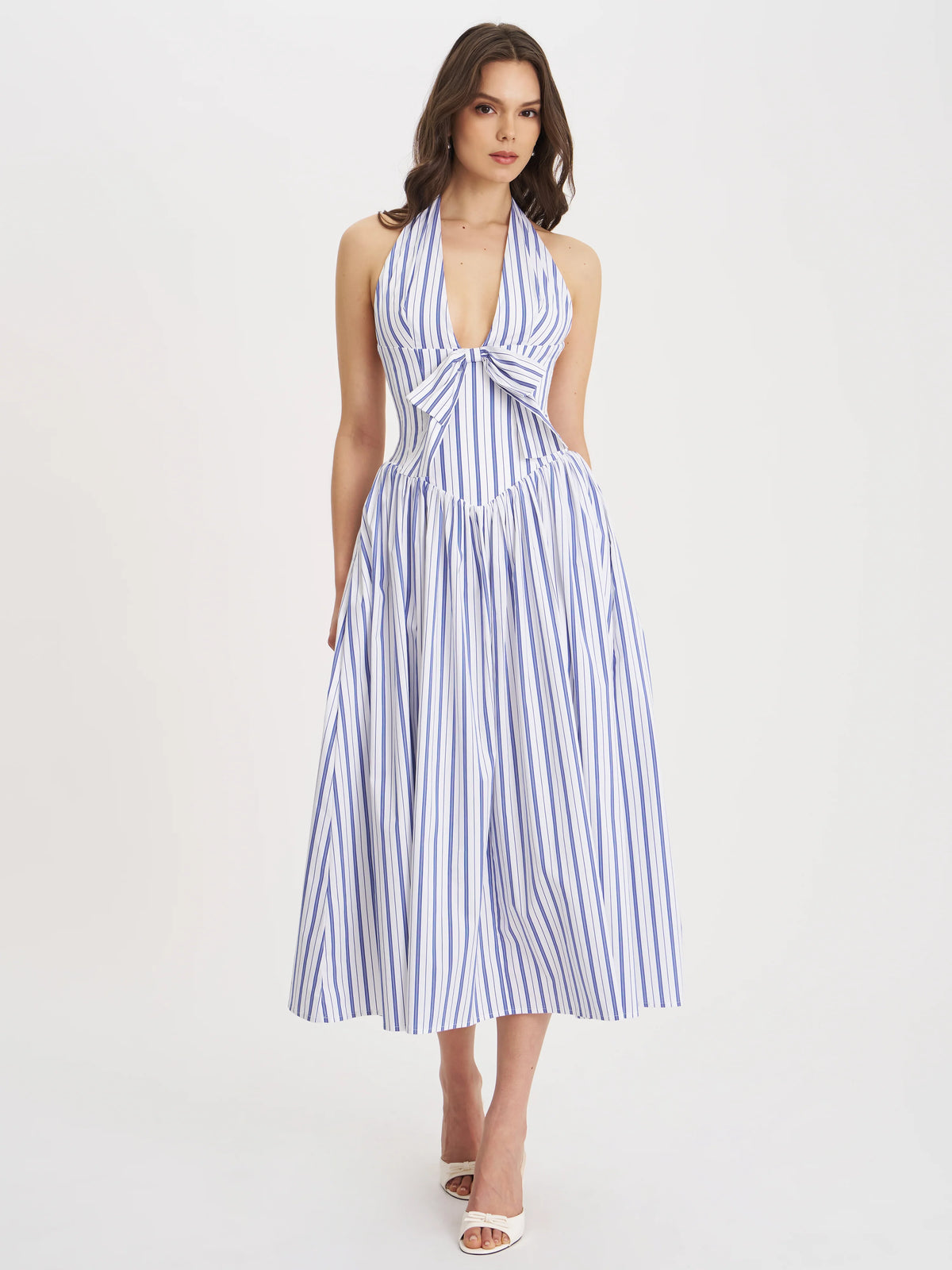 Mackenna Navy Cotton Stripe Halter Smock Back Maxi Dress