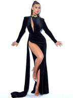 Zenaida Black Cutout High Slit Velvet Gown Archive Sale