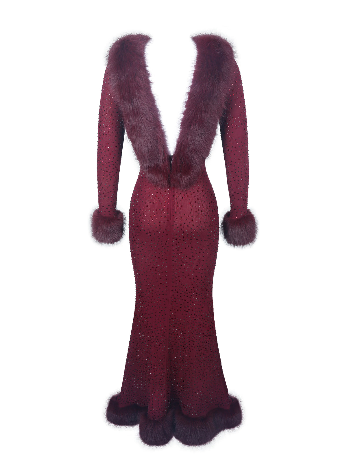 Melrose Burgundy Petite Length Rhinestone Mesh Low Back Mermaid Gown