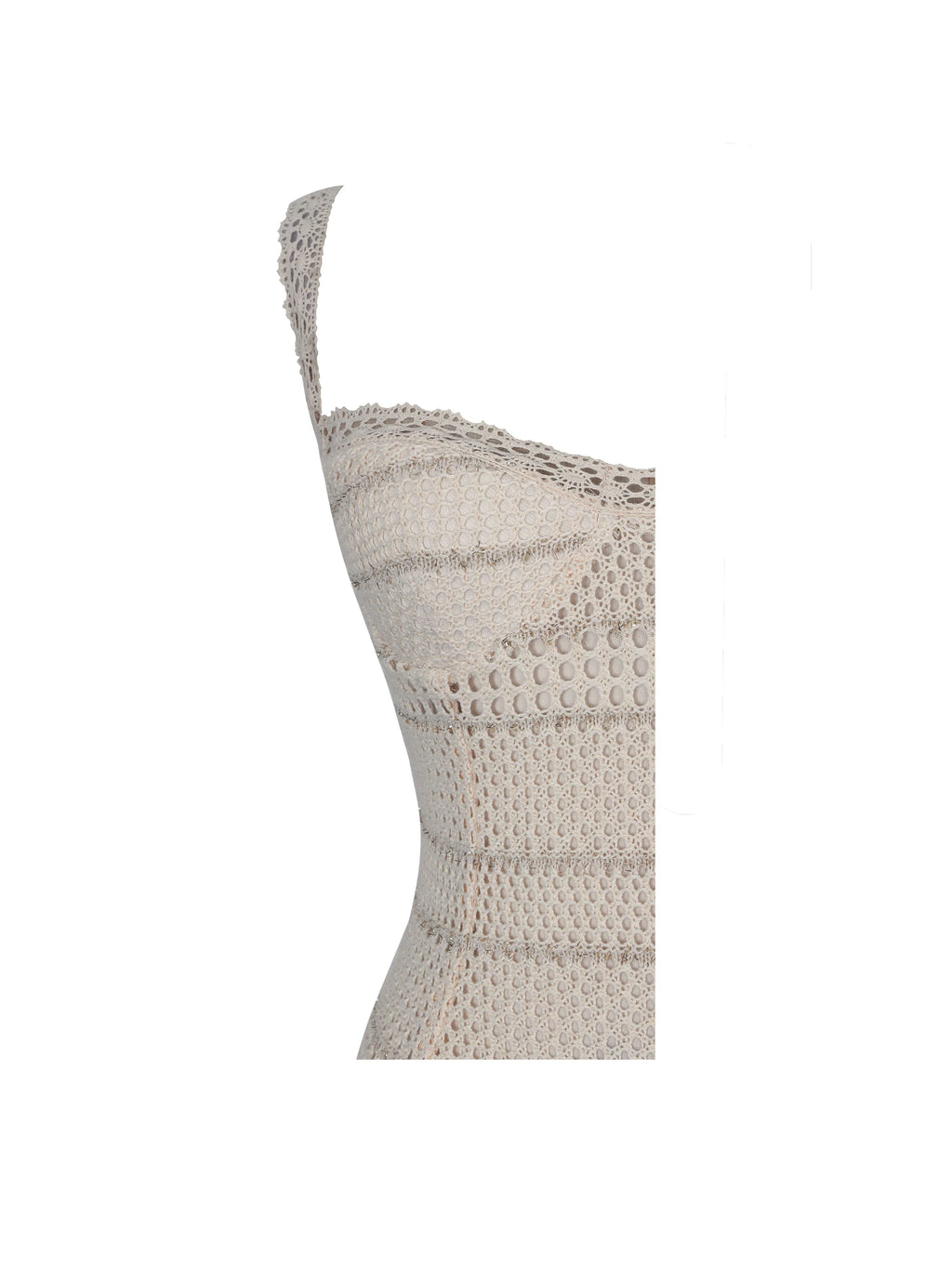Xiomara Beige Gold Stripe Crochet Knit Mermaid Midi Dress