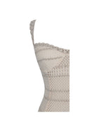 Xiomara Beige Gold Stripe Crochet Knit Mermaid Midi Dress