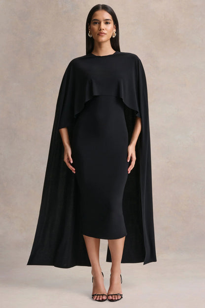 Kalani Black Crew Neck Midi Dress With Cape Sleeves