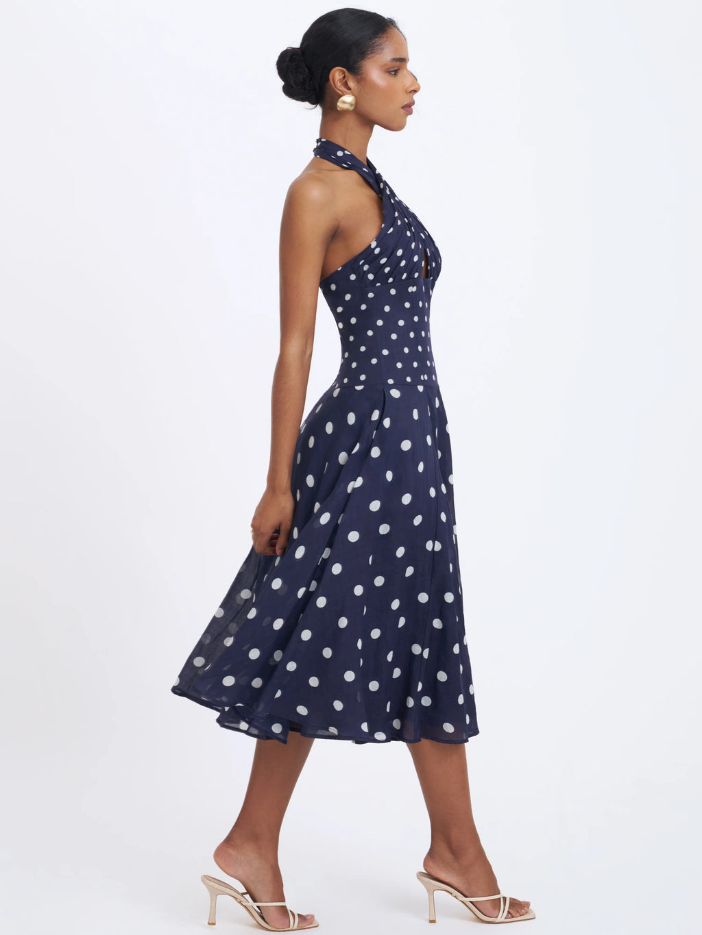 Nuri Navy Polka Dot Ramie Crossover Halter A Line Midi Dress