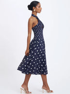 Nuri Navy Polka Dot Ramie Crossover Halter A Line Midi Dress