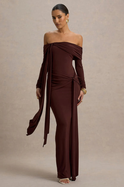 Jovie Brown Bardot Wrap Maxi Dress With Sash Detail