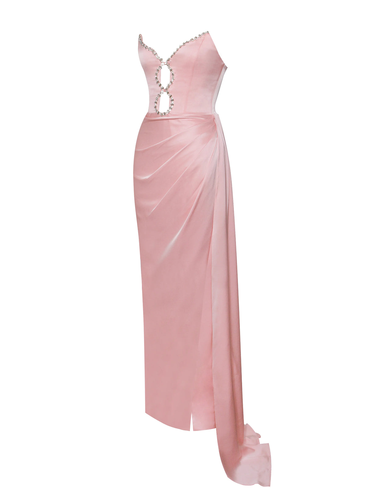 Marilyn Pink Satin Crystal Embellished High Slit Gown Archive Sale