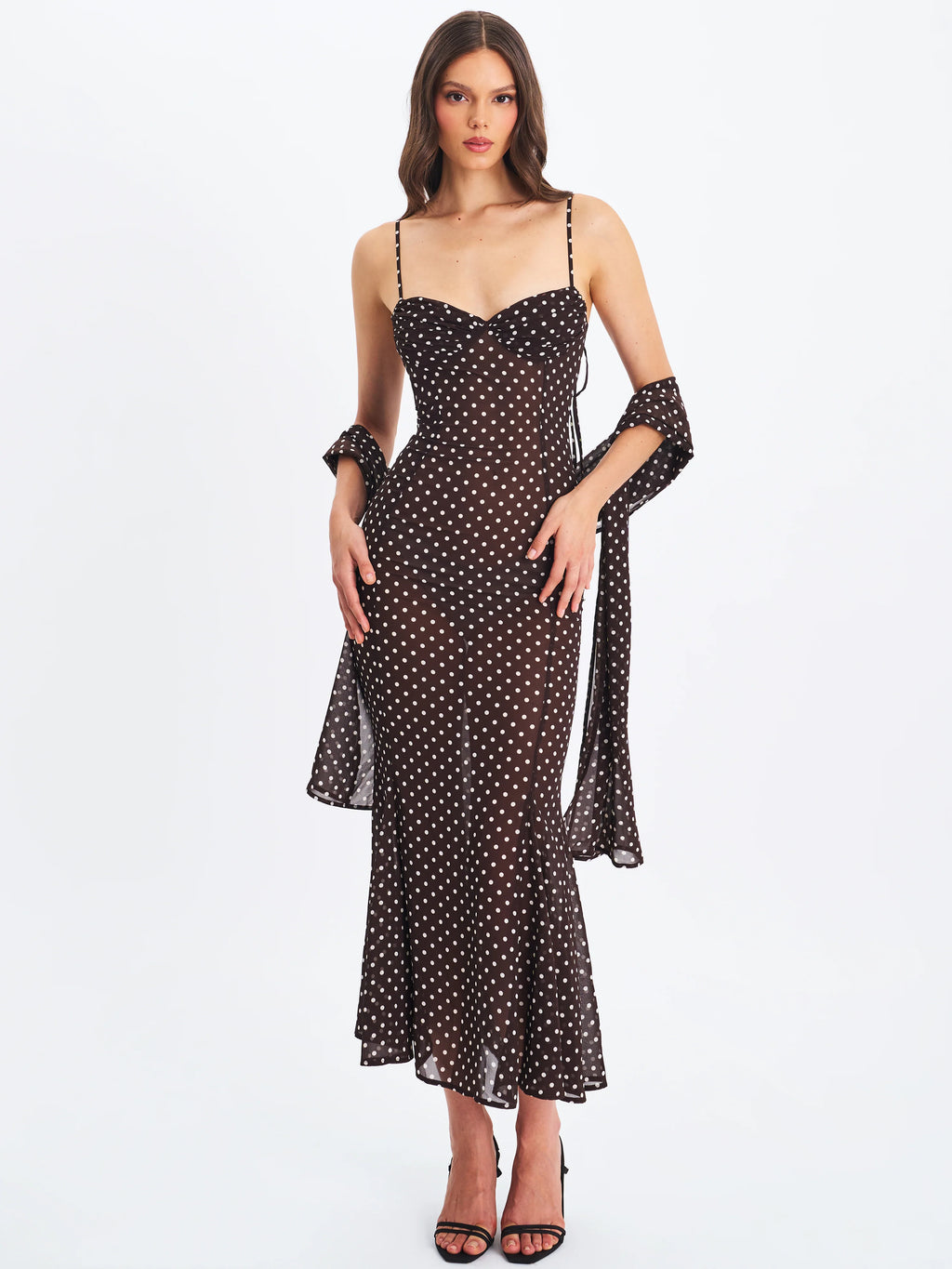 Yadira Brown Base Polka Dot Chiffon Maxi Dress