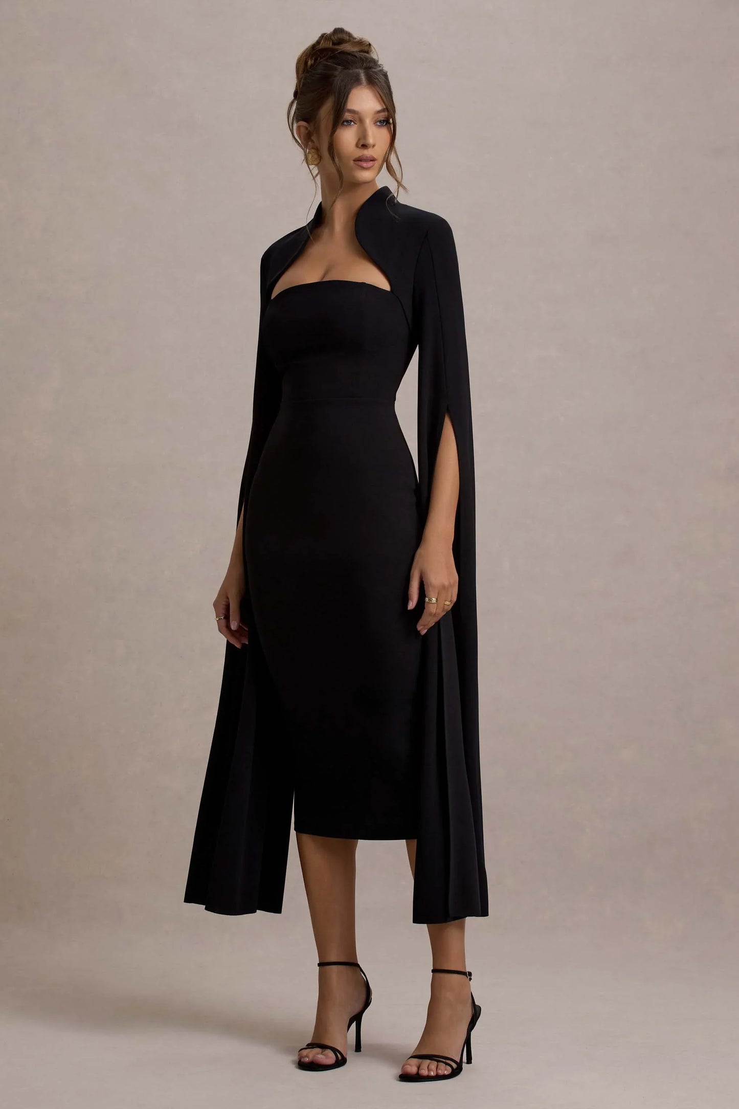 Linden Black Bodycon Cape Sleeve Midi Dress