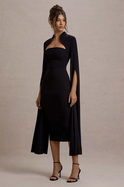 Linden Black Bodycon Cape Sleeve Midi Dress