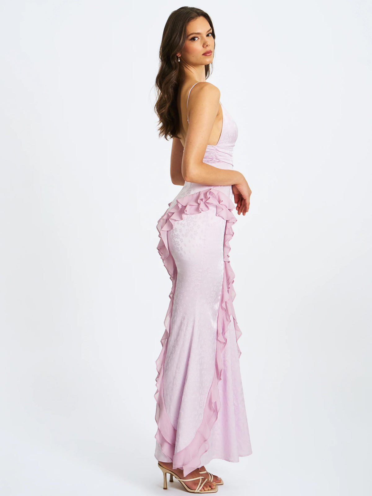 Paolina Taro Pink Jacquard Ruffle Mermaid Maxi Dress