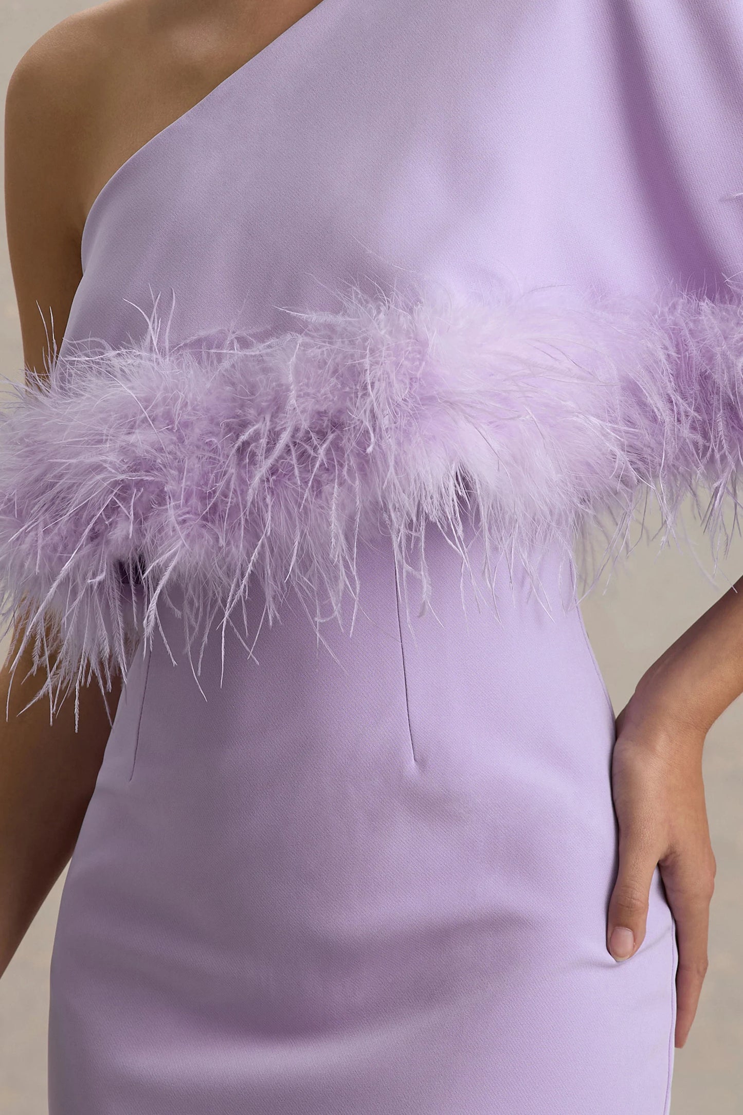 Victory Lilac One Shoulder Midi Dress With Feather Trim