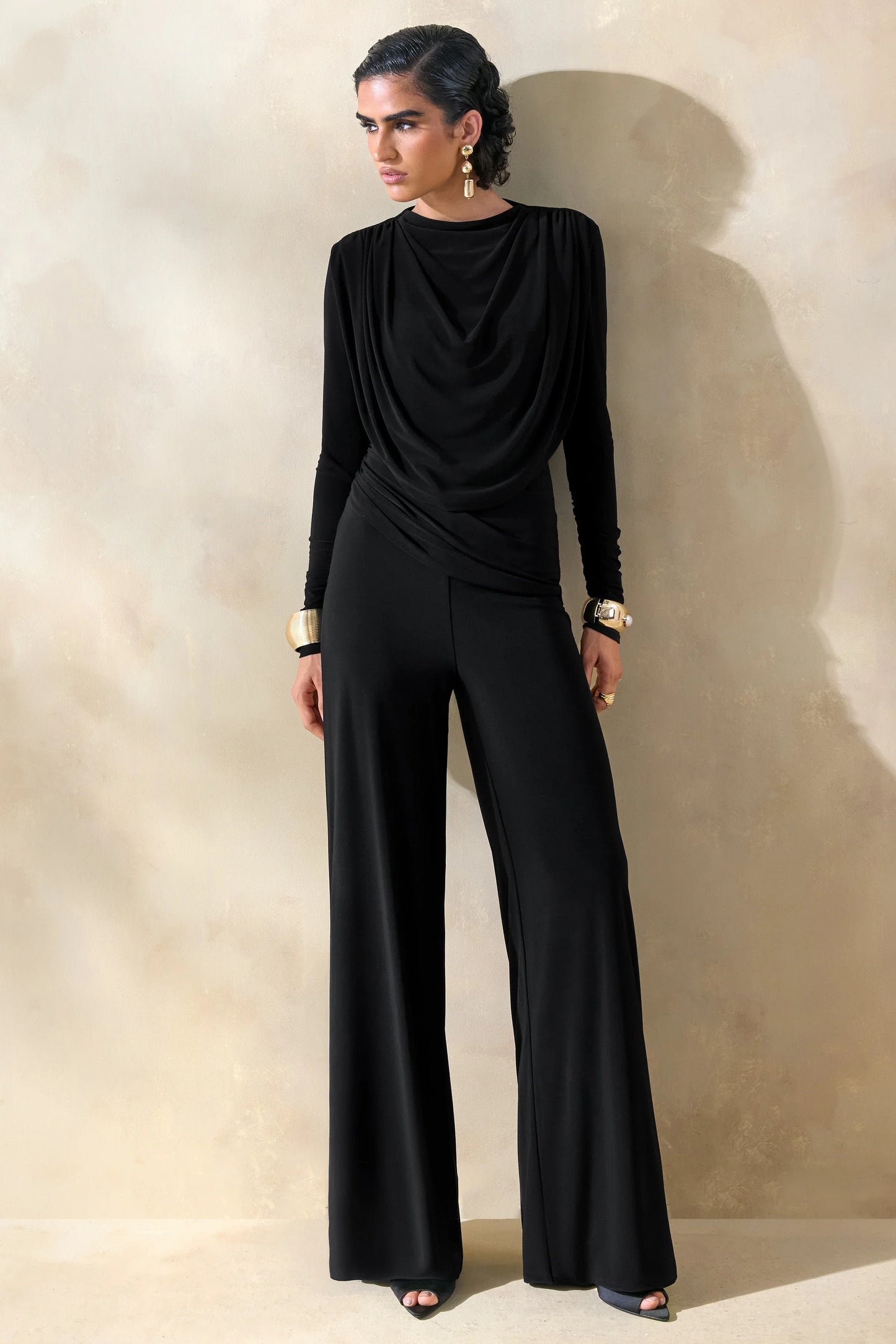 Raniella Black High Neck Top With Gathered And Draped Detailing
