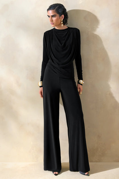 Raniella Black High Neck Top With Gathered And Draped Detailing