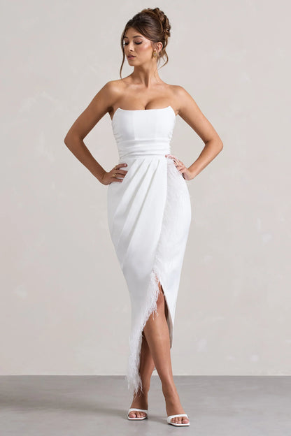 Chosen White Bandeau Wrap Maxi Dress With Feather Trim