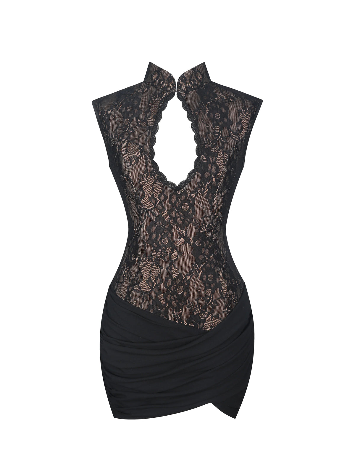 Valerie Black Lace Keyhole Ruched Mini Dress