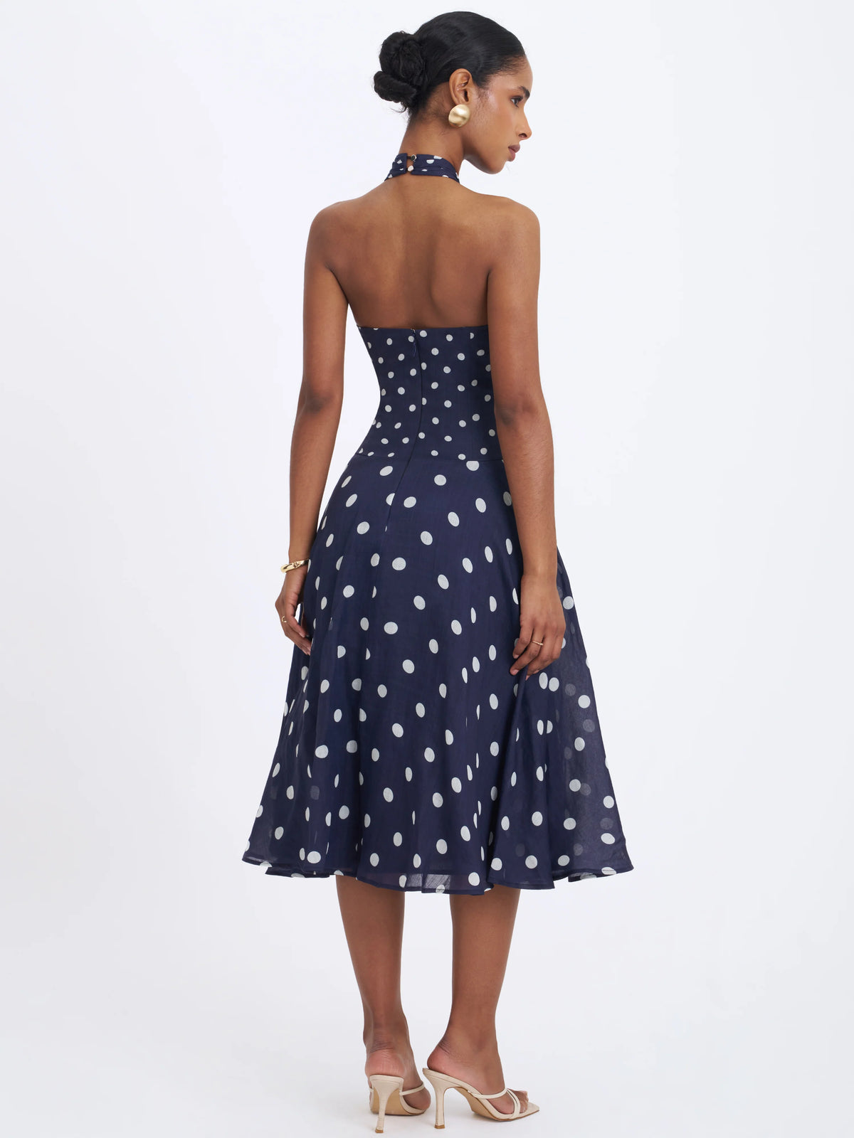 Nuri Navy Polka Dot Ramie Crossover Halter A Line Midi Dress