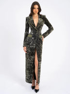 Willow Green Glossy Velvet High Slit Blazer Gown Archive Sale