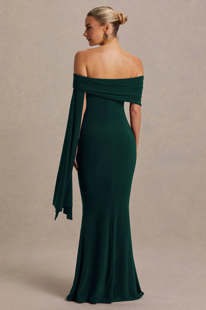 Aquila Bottle Green Bardot Maternity Maxi Dress With Draped Detail