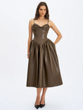 Parisia Cocoa Vegan Leather Drop Waist Midi Dress