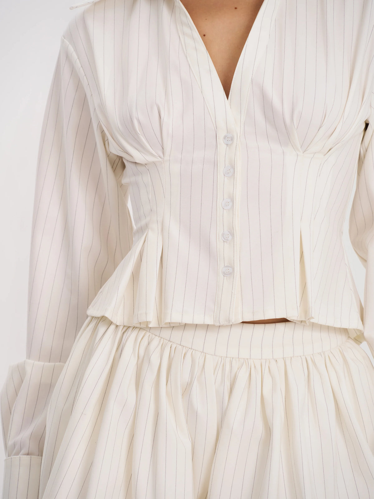 Sylvia White Pinstripe Deep V Pleated Shirt