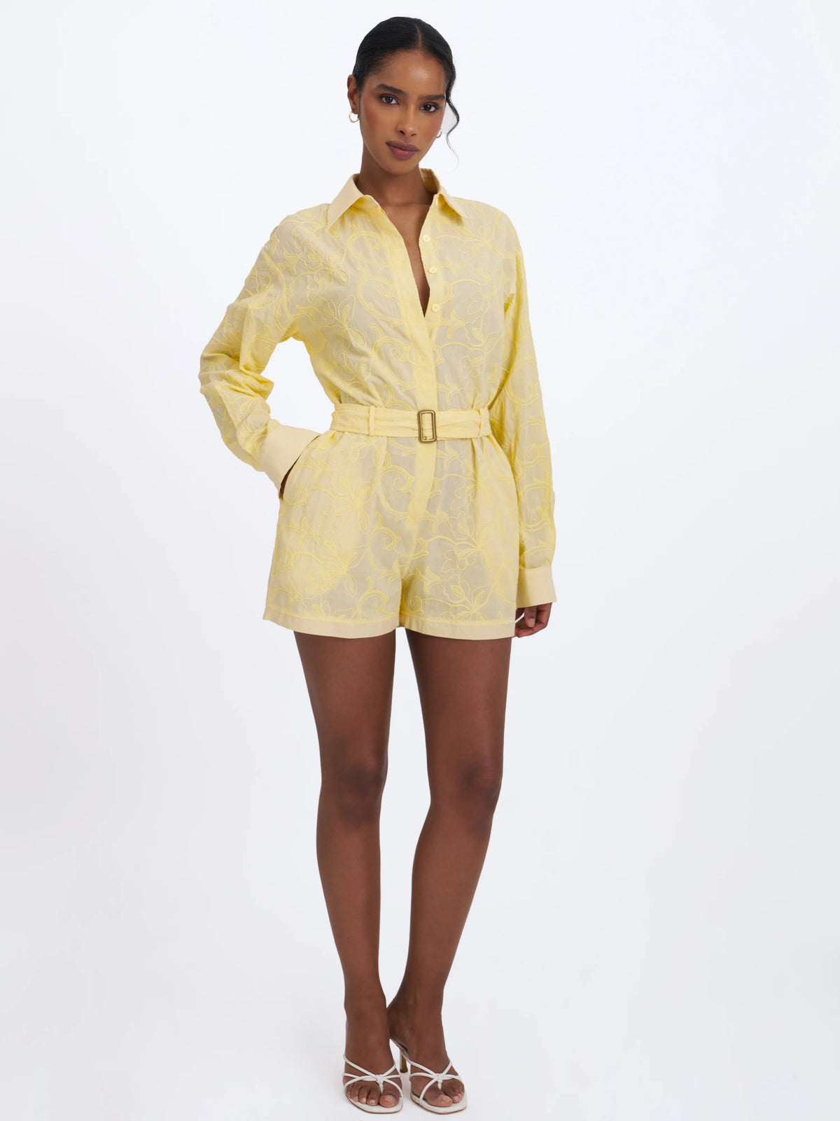 Malou Lemon Yellow Embroidered Poplin Belted Shirt Romper