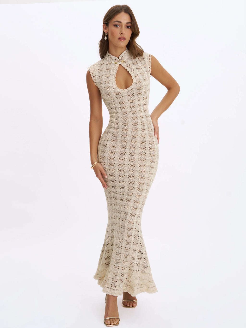 Xylona Beige Gold Crochet Teardrop Neckline Mermaid Maxi Dress