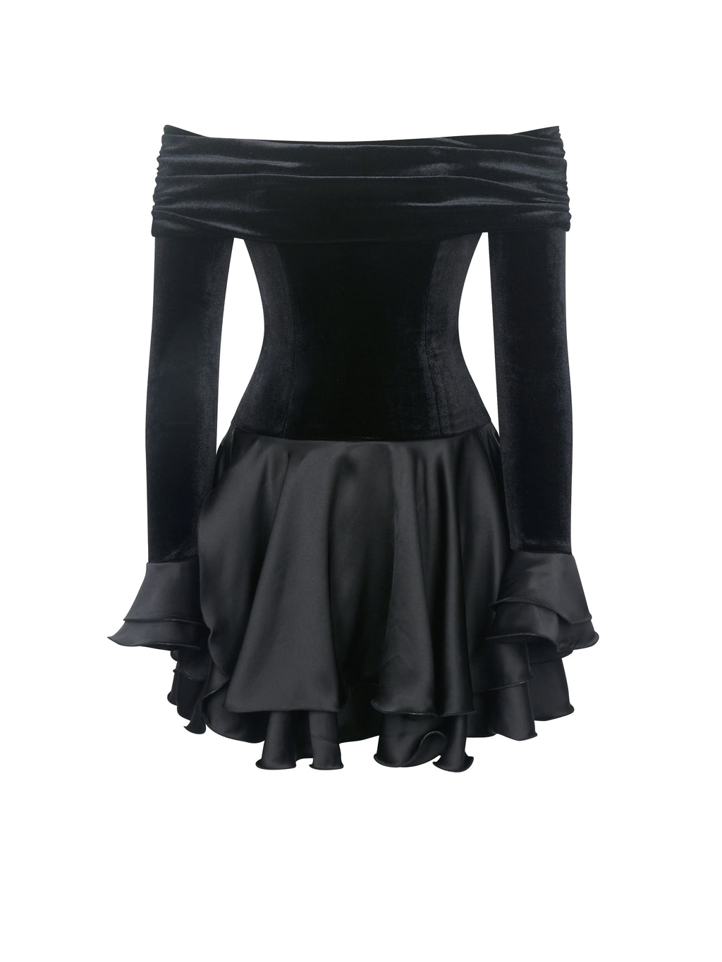 Magnolia Black Off Shoulder Layered Satin Mini Dress