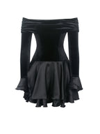 Magnolia Black Off Shoulder Layered Satin Mini Dress