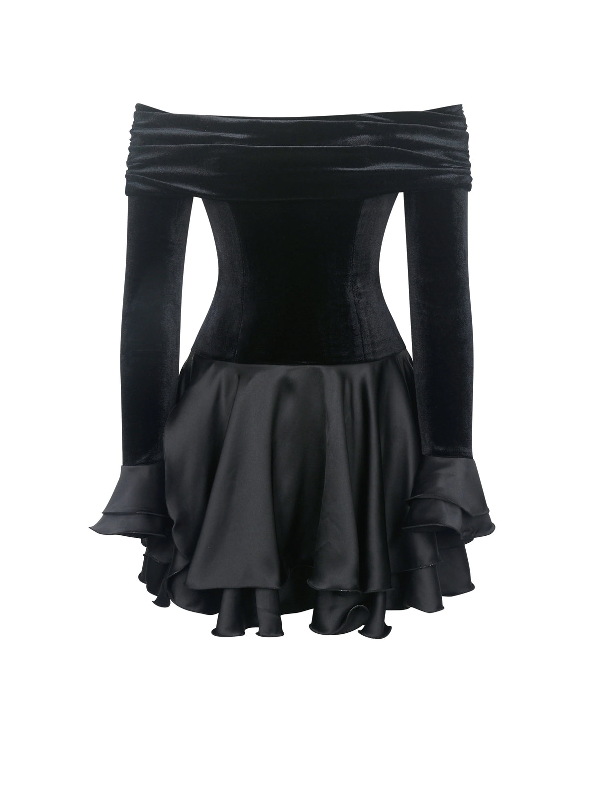 Magnolia Black Off Shoulder Layered Satin Mini Dress