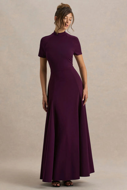 Alea Burgundy High Neck Short Sleeve Maxi Dress