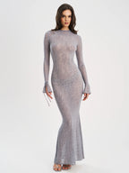 Waylynn Gray Animal Print Burnout Velvet Detail Mesh Backless Maxi Dress