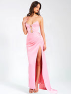 Marilyn Pink Satin Crystal Embellished High Slit Gown Archive Sale