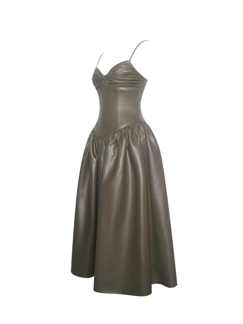 Parisia Cocoa Vegan Leather Drop Waist Midi Dress