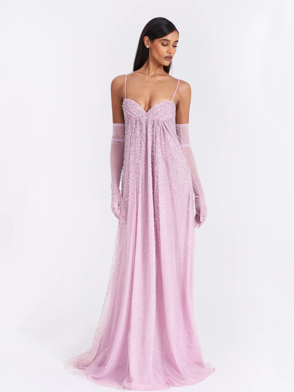 Wallie Pink Rhinestone Embellished Mesh Backless Gown