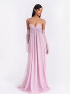 Wallie Pink Rhinestone Embellished Mesh Backless Gown