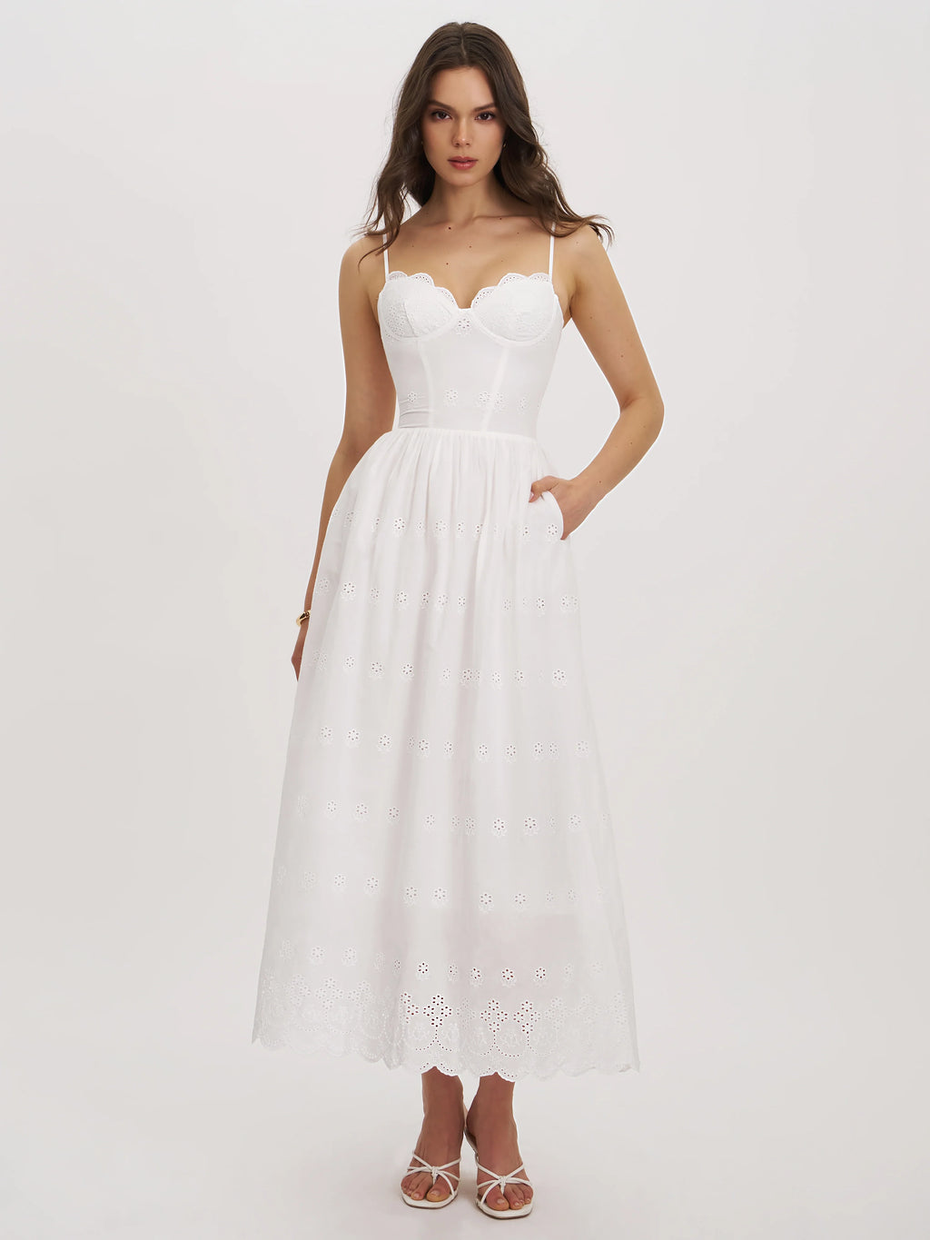 Oberon White Cotton Eyelet Lace Up Back Maxi Dress