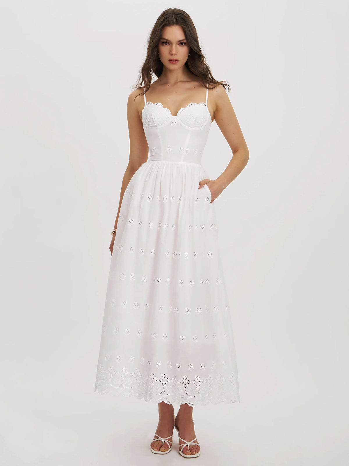 Oberon White Cotton Eyelet Lace Up Back Maxi Dress