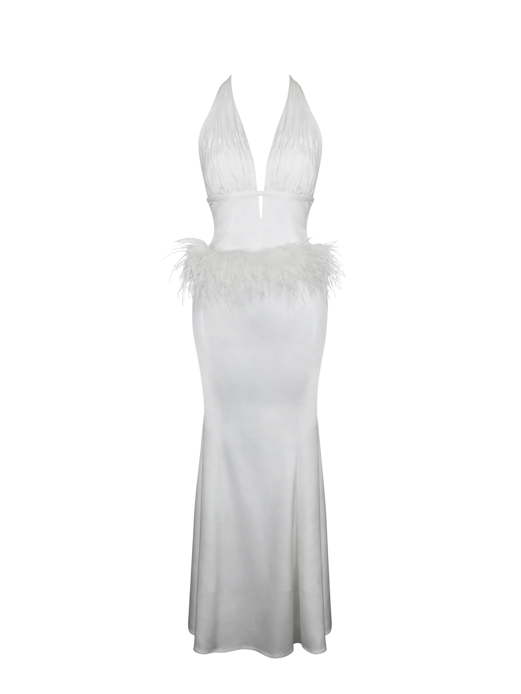 Solene Pleated Halter Backless Feather Trim Maxi Dress
