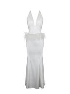 Solene Pleated Halter Backless Feather Trim Maxi Dress