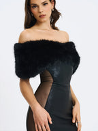 Bellis Black Fur Trim Mesh Panel Off Shoulder Midi Dress