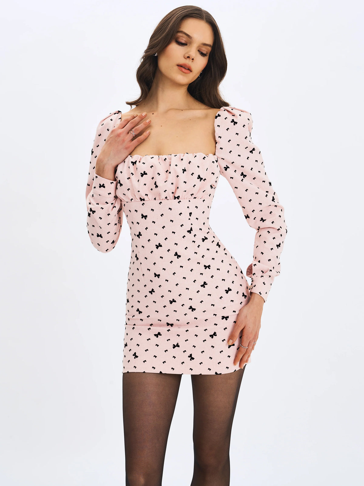 Perla Baby Pink Ruched Bust Velvet Embossed Bow Mini Dress